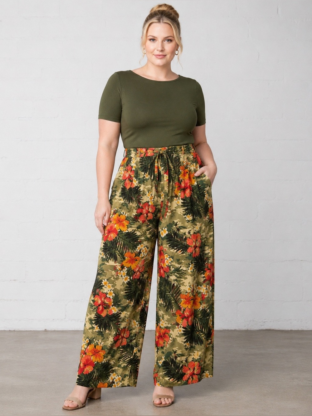 Rouge Tropical Floral Camo Pleated Wide Leg Palazzo Pants Elastic Waist 4X